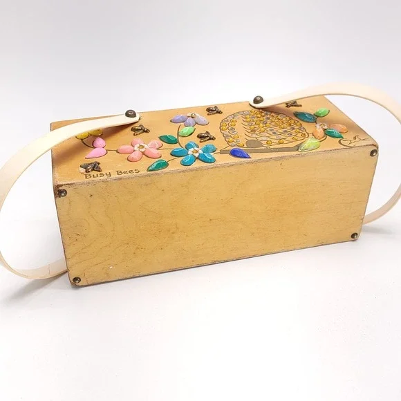 Enid Collins Of Texas 1960's Wood Box Purse "Busy‎ Bees" Boho Vintage Handbag - Picture 10 of 13